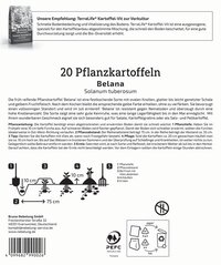 Schachtel mit Anweisungen für das Pflanzen von Belana Kartoffeln, inklusive Diagramm und Kontaktdaten.