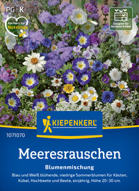 Bunte Blumenmischung mit blauen, weißen, gelben und violetten Blumen für Balkon, Beet und Kübel, einjährig, 20-30 cm hoch.