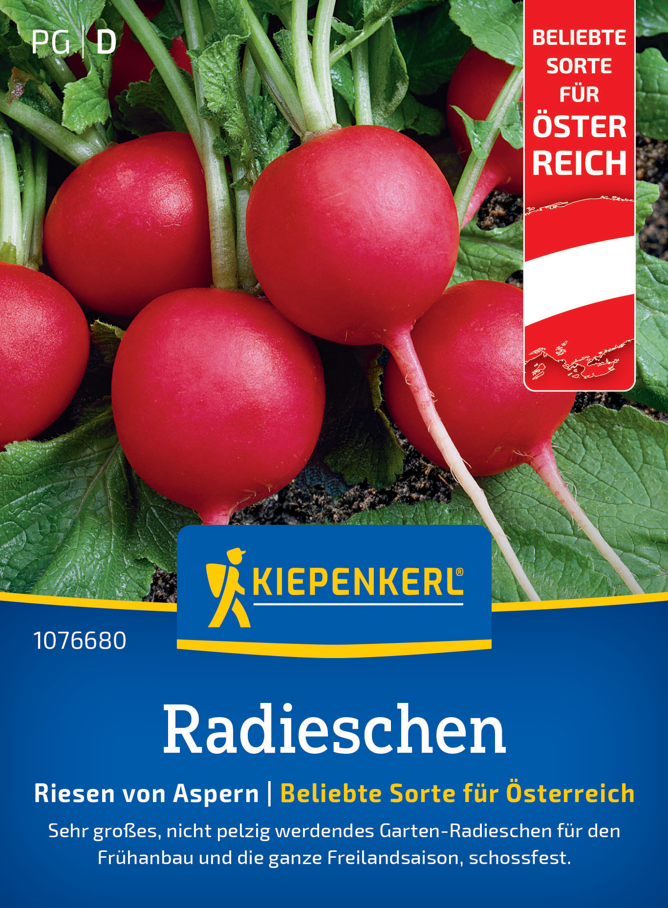 Radieschen mit grünen Blättern, auf Boden gepflanzt, rotes Gemüse, im Pflanzenschutzetikett mit österreichischer Flagge.