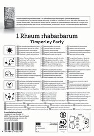 Samen von Rheum mit Pflanzenillustration, auf weißem Hintergrund mit Text in mehreren Sprachen und Pflanzanleitung.
