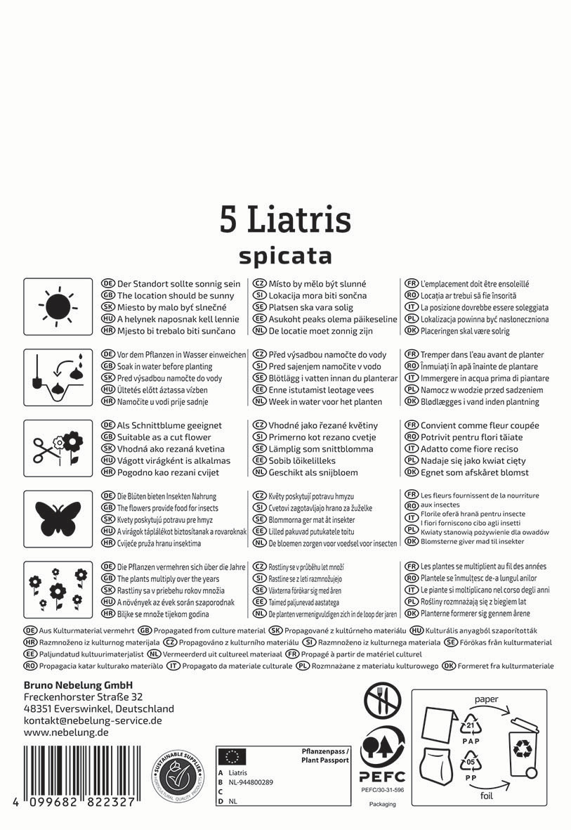 Packungsbeilage mit Anweisungen zur Pflege und Verwendung der Lilienspitze, inklusive Symbole und Kontaktinformationen.