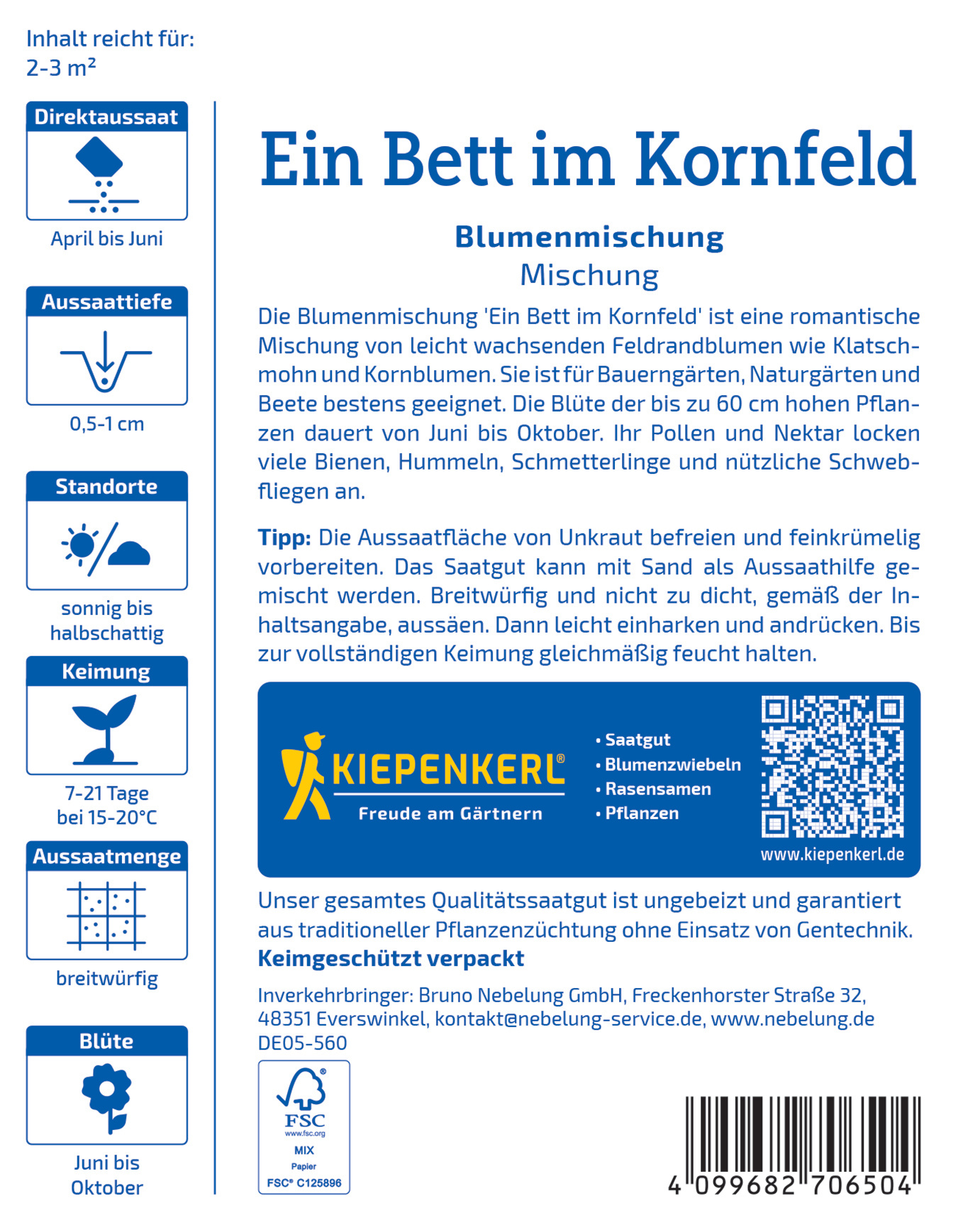 Verpackungsbeschreibung für Blumensamenmischung Ein Bett im Kornfeld mit Text, Logo und QR-Code, bunte Gestaltung.