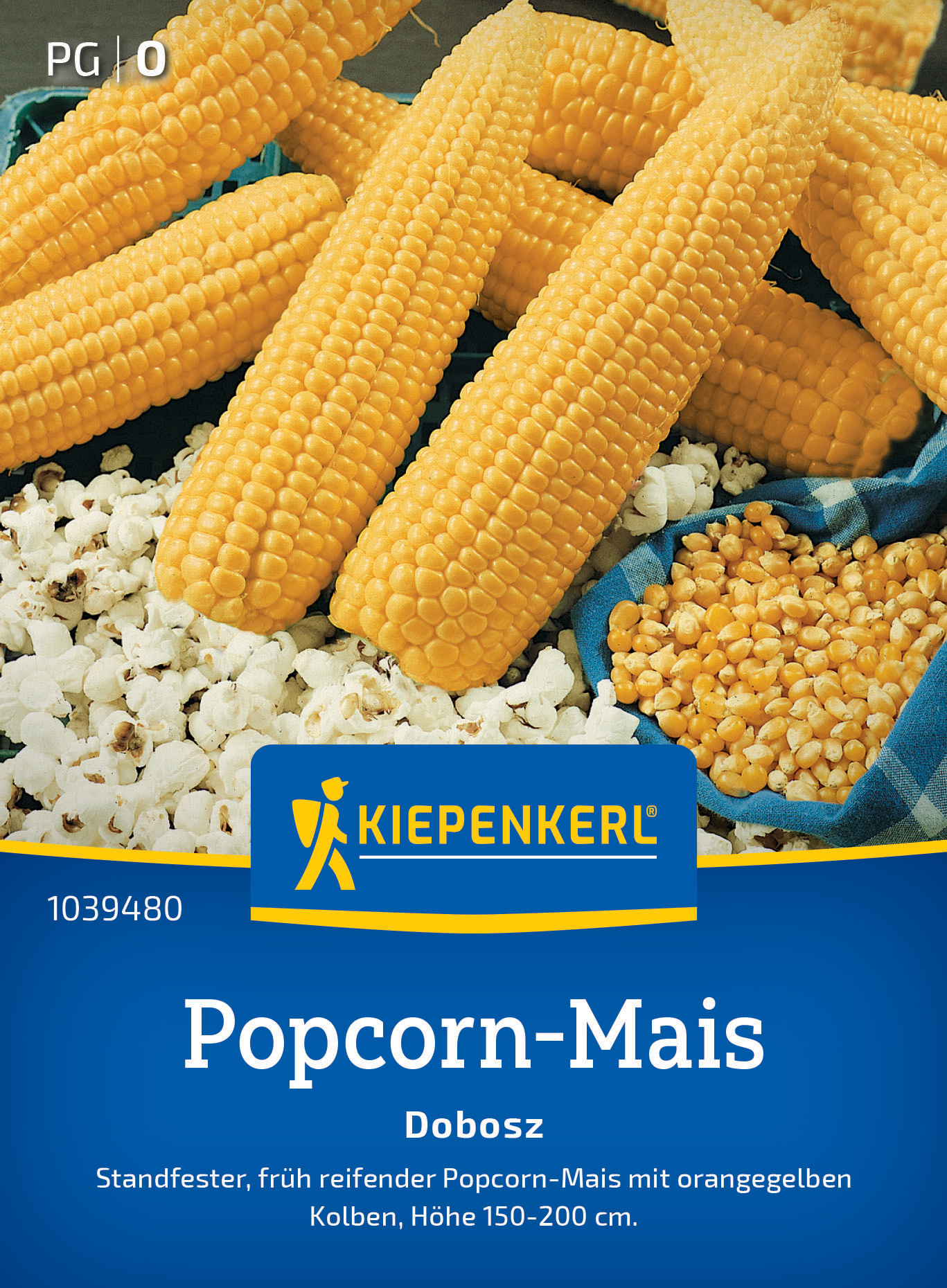 Gelbe Maiskolben und Popcorn in blauer Verpackung mit Kiepenkerl-Logo, Text und Produktinformationen.