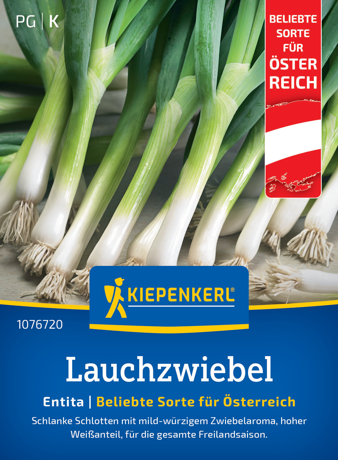 Lauchzwiebeln mit weißen Stangen und grüner Spitze, auf dem Ladenetikett abgebildet.
