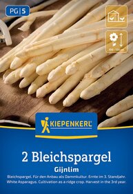 Weiße Spargelstangen auf Holzbrett mit Kiepenkerl-Logo und Text zur Bleichspargelzucht.