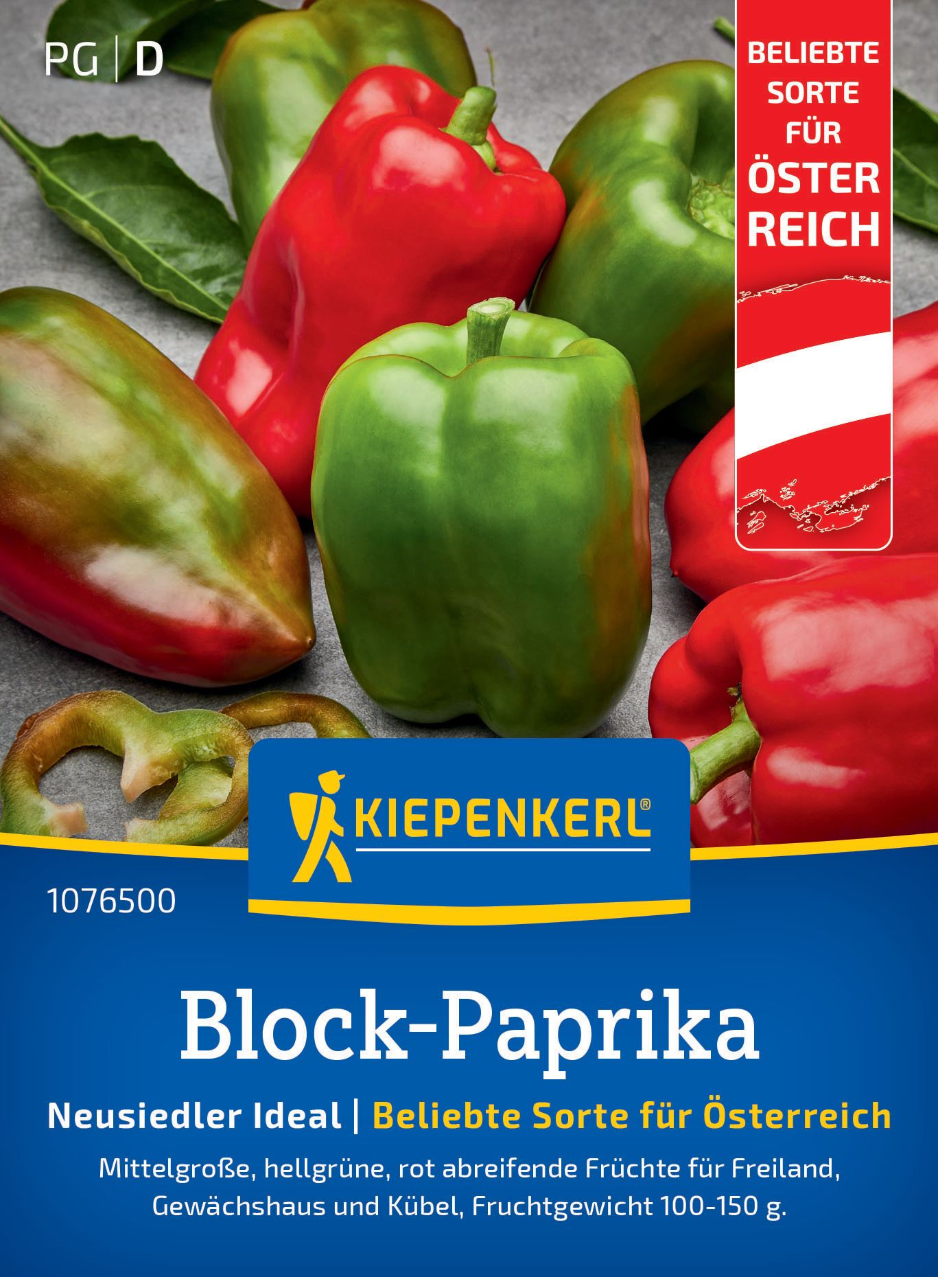 Verschiedene bunte Paprika auf grauem Hintergrund, Kiepenkerl-Label, deutscher Text und Sorteninfo.