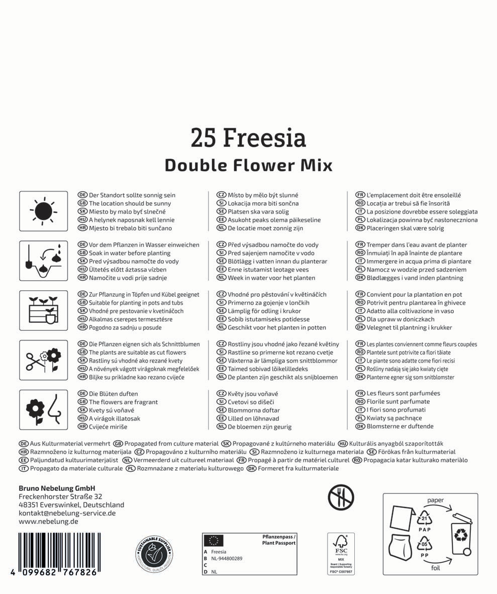 Verschiedene Symbolleisten mit Text auf einem weißen Hintergrund, Beschreibung der Pflanzanleitung in mehreren Sprachen.