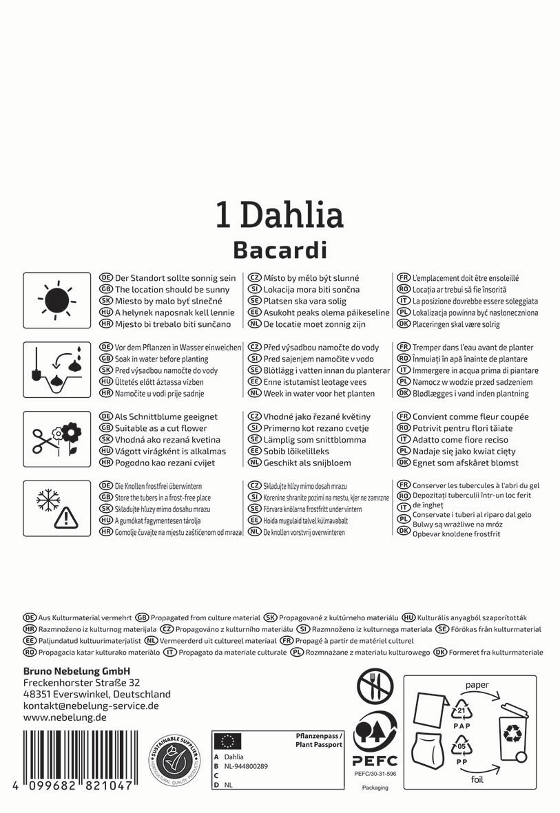 Text mit Anweisungen, Symbole und Produktinformationen in mehreren Sprachen auf Druckerpapier.
