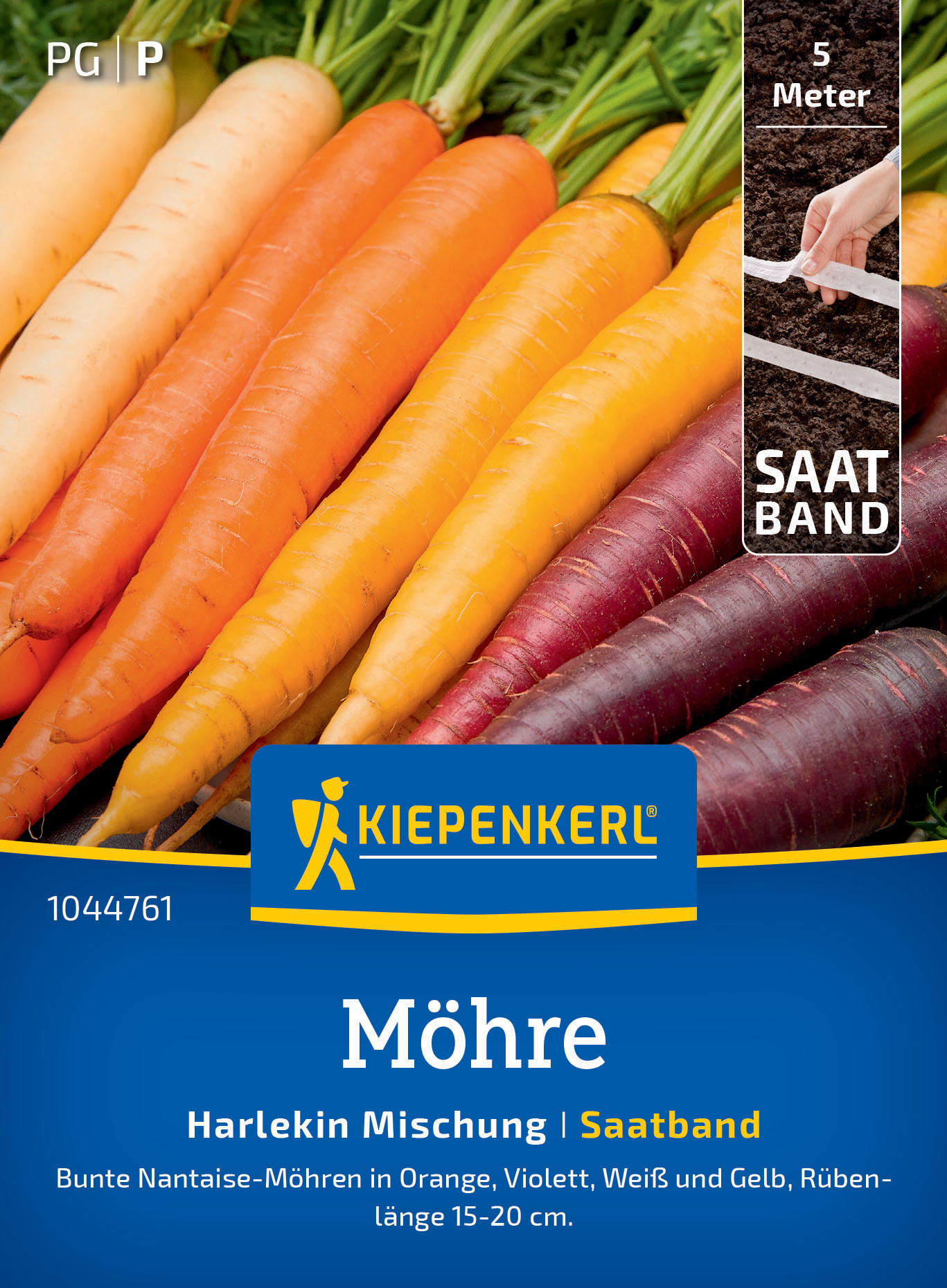 Bunte bunte Möhren in Orange, Violett, Weiß und Gelb mit grünen Spitzen auf Verpackung.