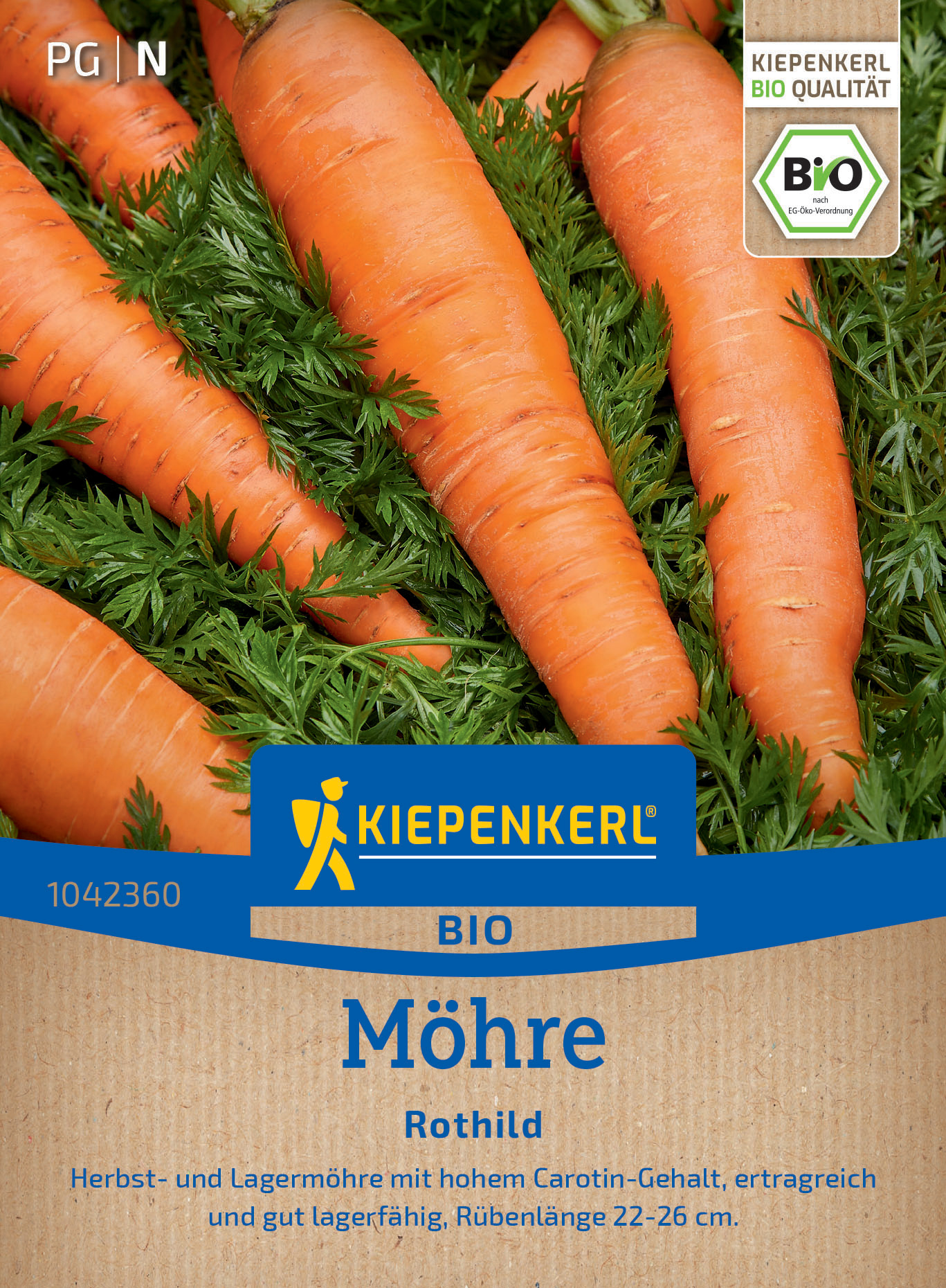 Bunte Karotten mit grünen Blättern auf der Verpackung eines Bio-Möhren-Saatguts.