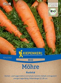 Bunte Karotten mit grünen Blättern auf der Verpackung eines Bio-Möhren-Saatguts.