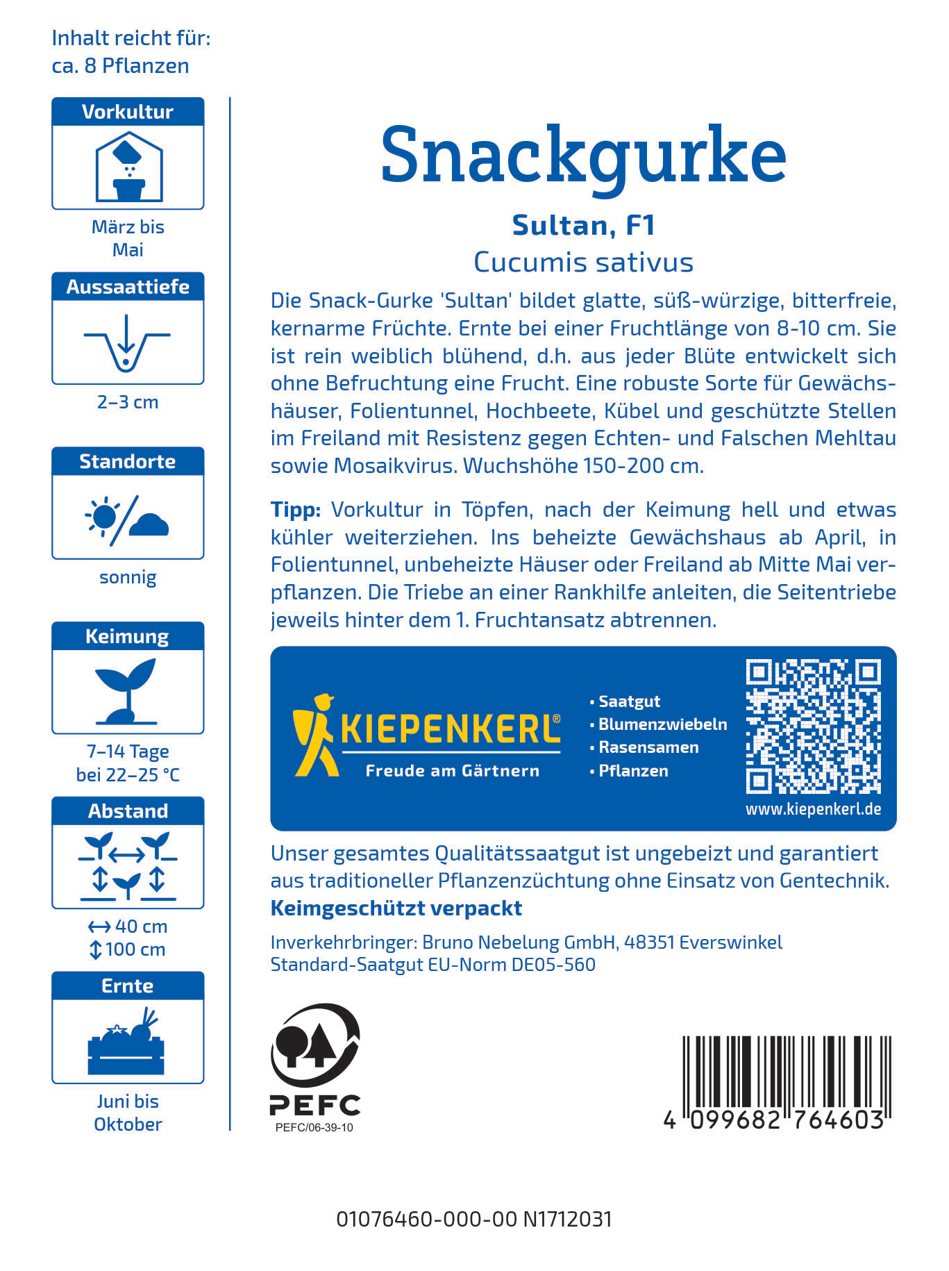 Verpackungsrückseite mit Informationen zu Snackgurken Sorte Sultan, Anbau, Pflege und Anwendungsdetails.