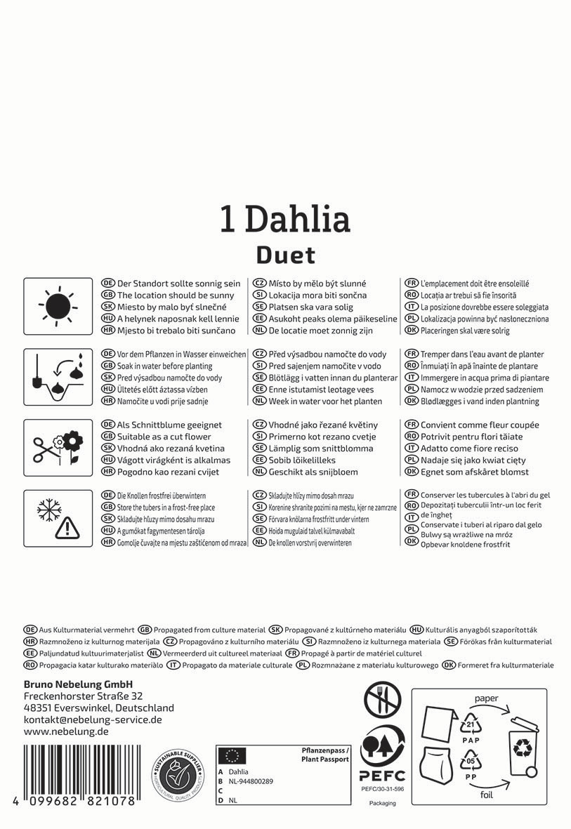 Anleitungssymbolen, Text und Symbole für Pflanzanleitung, Pflege und Recycling, inklusive Kontakt- und Verpackungsinformationen.