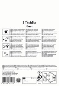 Anleitungssymbolen, Text und Symbole für Pflanzanleitung, Pflege und Recycling, inklusive Kontakt- und Verpackungsinformationen.