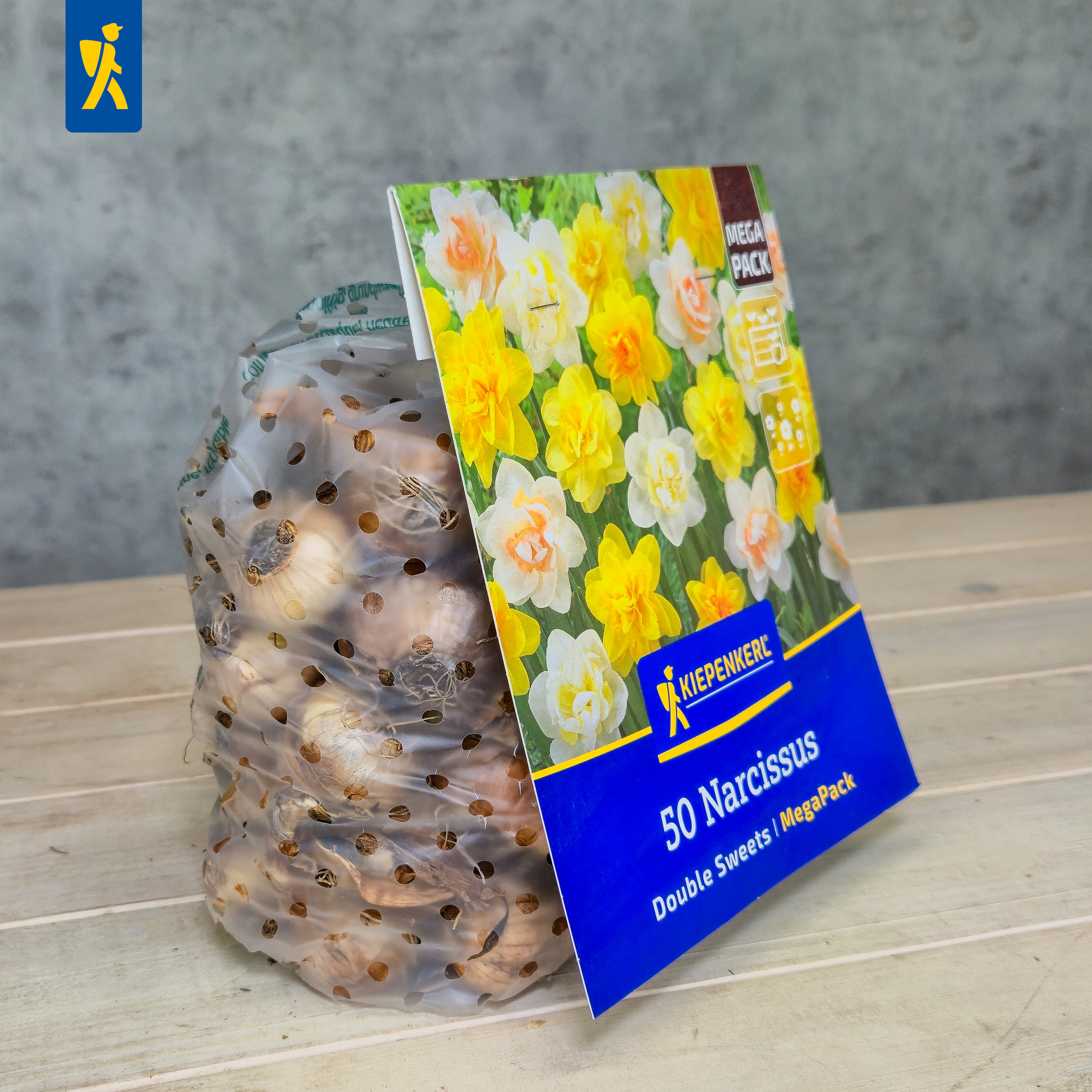 Päckchen mit Blumensamen in Packung mit gelben und weißen Narzissenmotiven, auf Holztisch.
