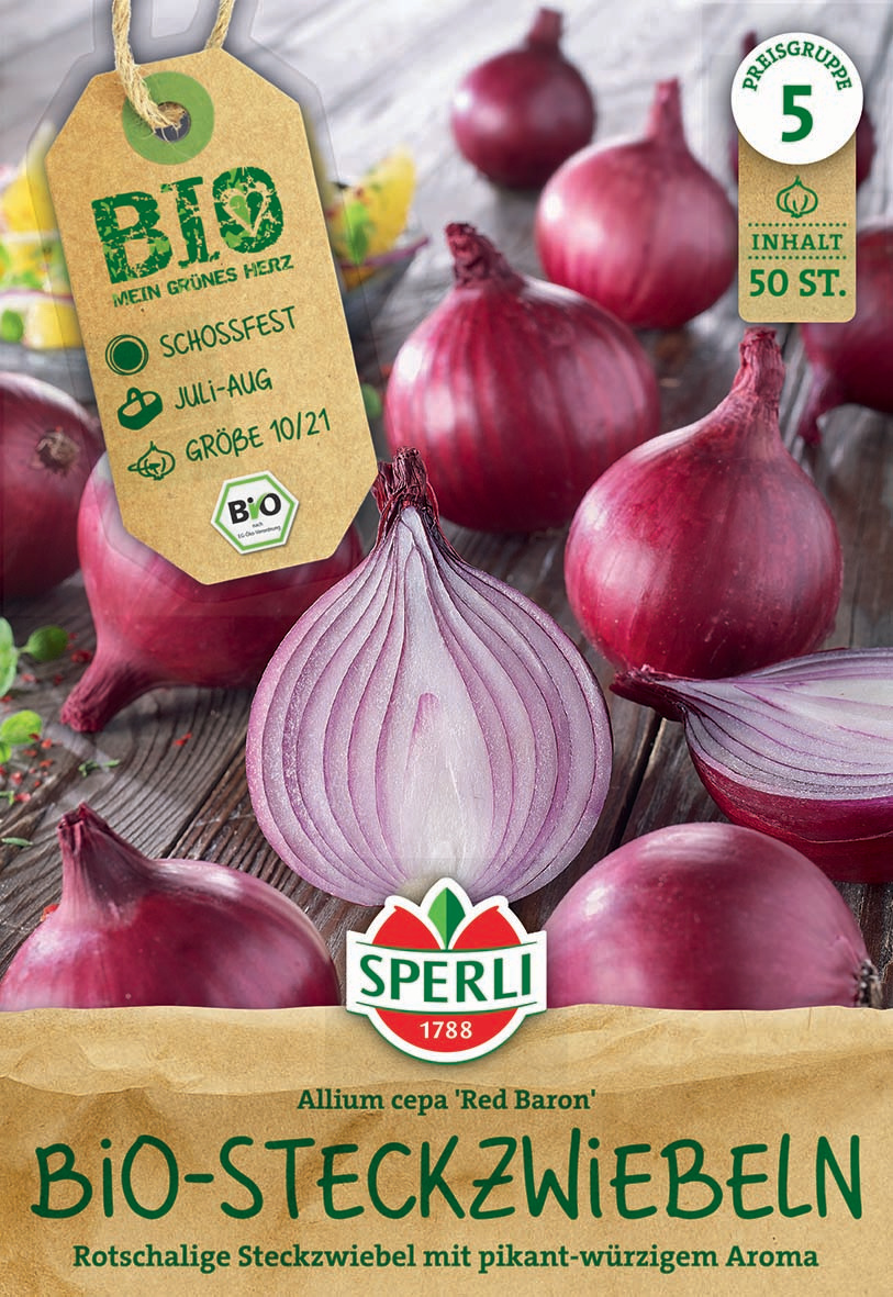 Zwiebelsamen in roten und violetten Zwiebeln auf einem Holzbrett, mit Label und Verpackungsdesign.