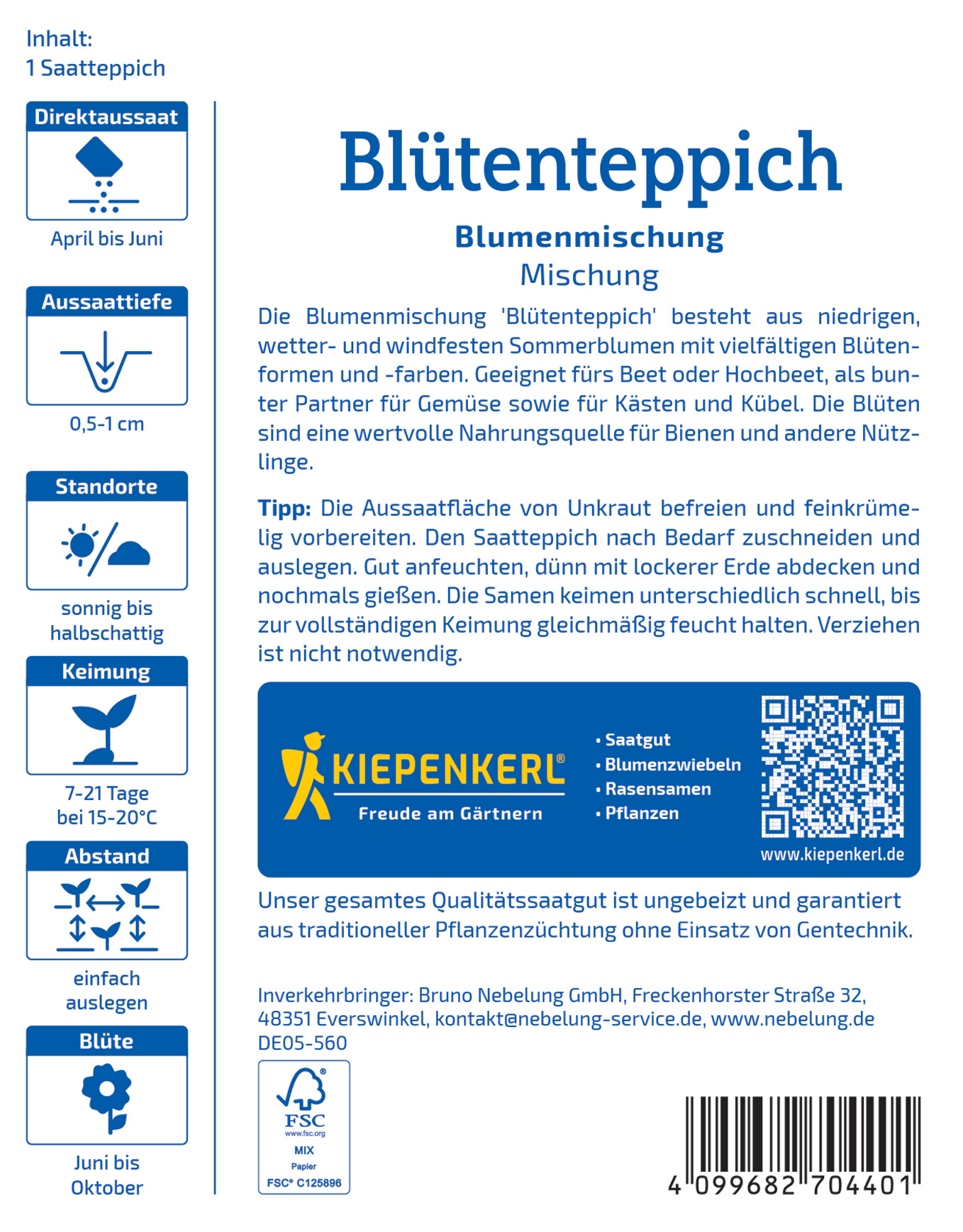 Blumensamen in Papierbeutel, Text auf einer Packungsbeilage, mit QR-Code, Barcodes, Logo und Herstellerangaben.