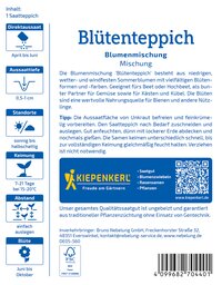 Blumensamen in Papierbeutel, Text auf einer Packungsbeilage, mit QR-Code, Barcodes, Logo und Herstellerangaben.