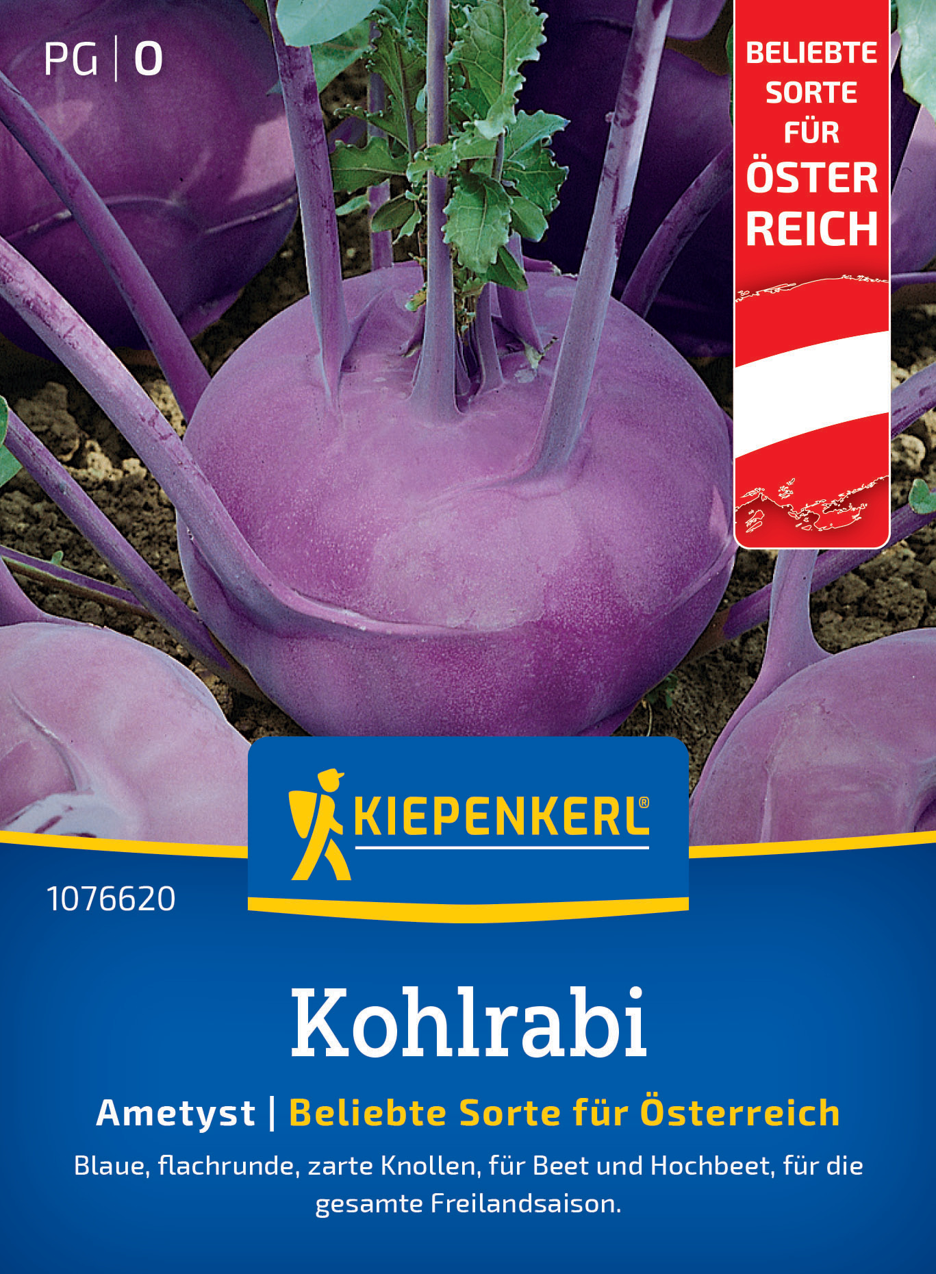 Blaue Kohlrabi mit grünen Blättern auf Erde, Verpackung mit rotem Label, blaue und gelbe Gestaltung.