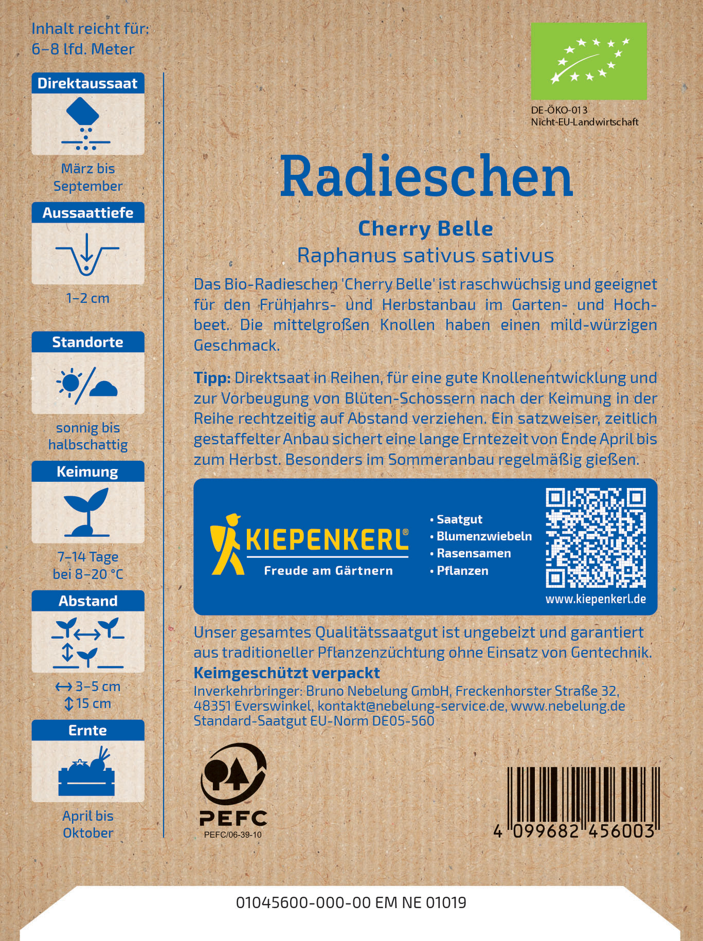 Aufgedruckte Papiersamenverpackung mit Text, Logo, QR-Code, Bar code, Symbole und Mengenangaben.