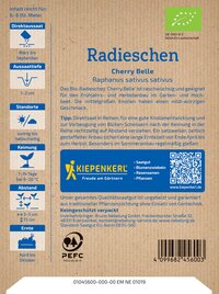 Aufgedruckte Papiersamenverpackung mit Text, Logo, QR-Code, Bar code, Symbole und Mengenangaben.