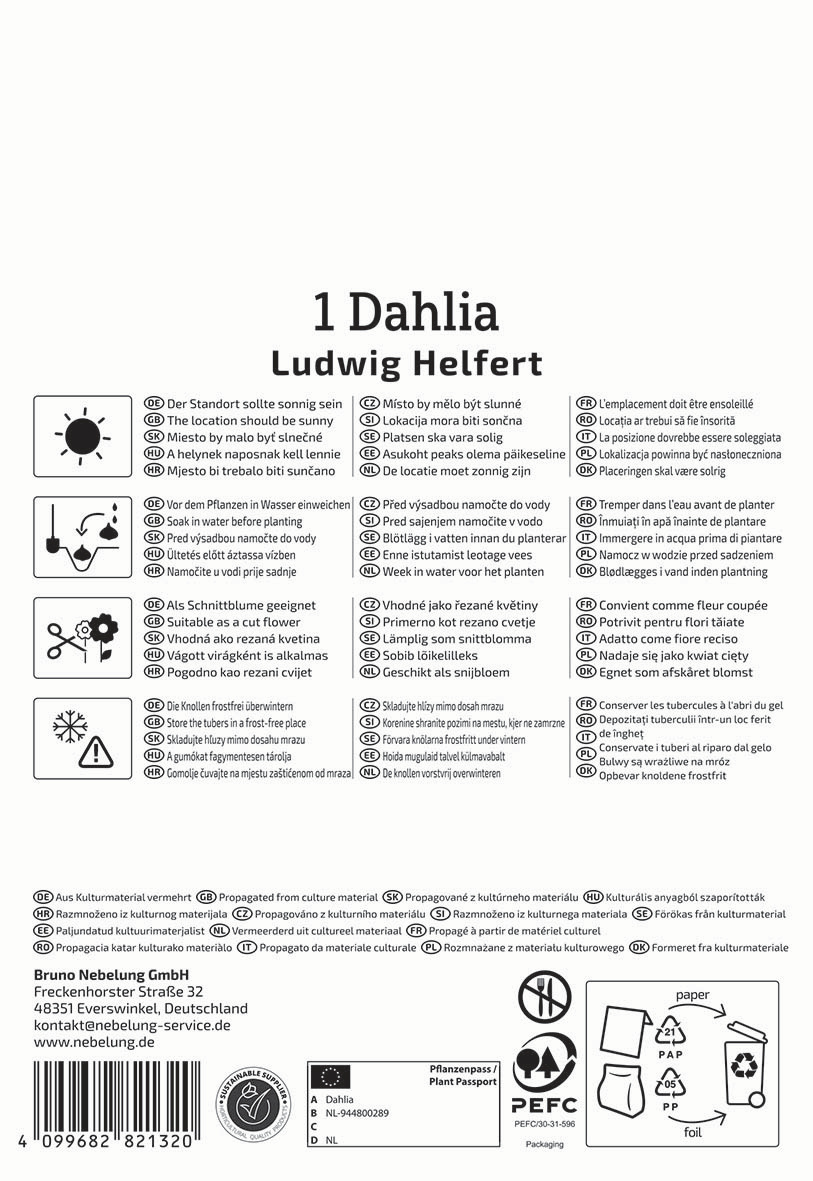 Anleitungstafel mit Pflege- und Pflanztipps, Symbole, Kontaktdaten, Pflanzpass, Recycling- und Verpackungsinformationen.