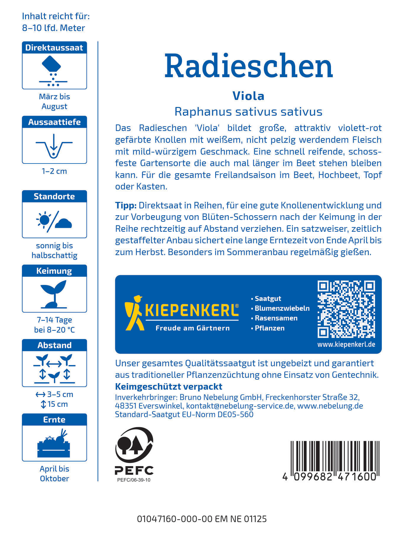 Bodenständiges Etikett mit Text, Symbolen, QR-Code und Barcode für Radieschen Saatgut, Herstellerinformationen und Anbauhinweise.