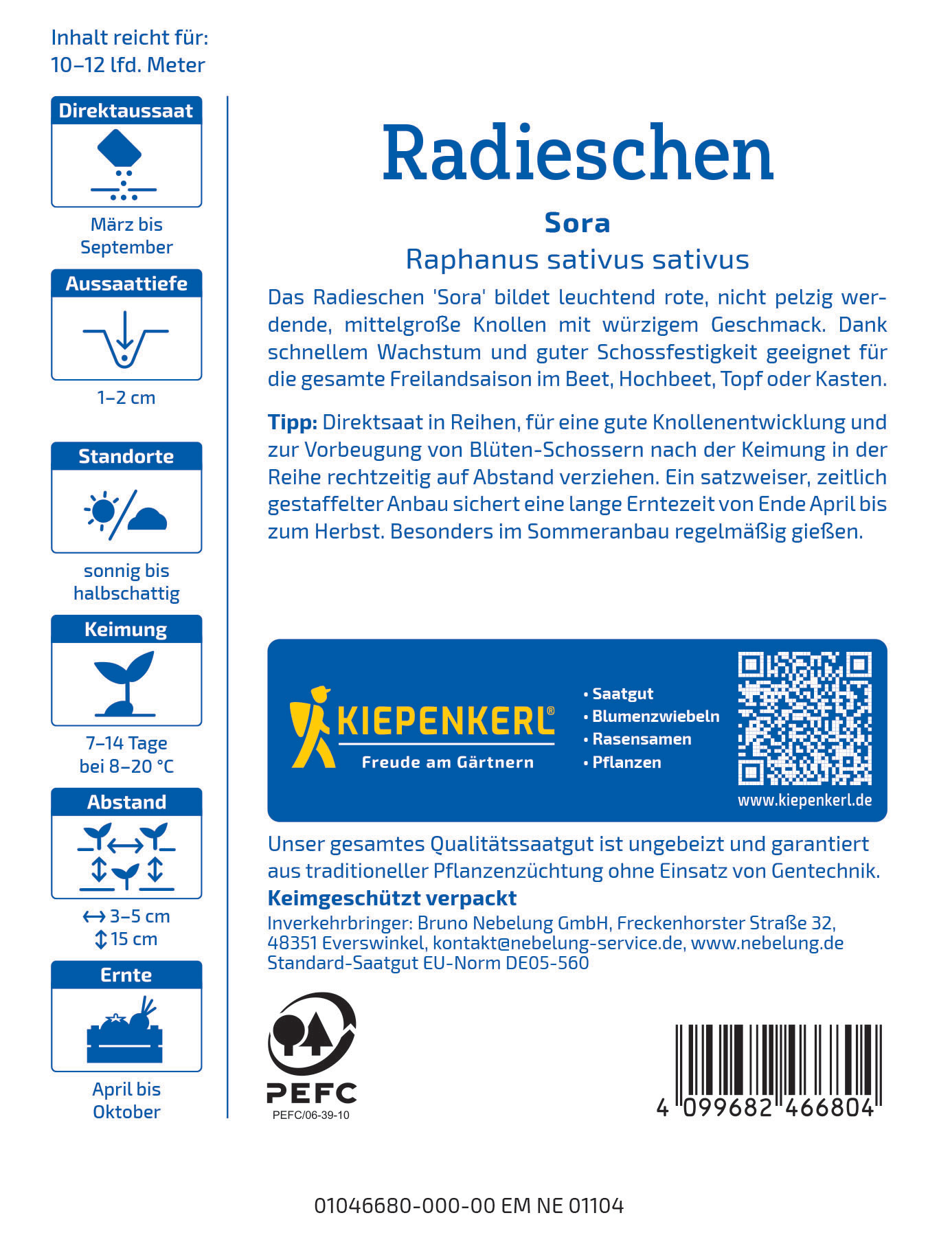Samen Radieschen Sora, rote Knollen, grüne Blätter, Pflanzanleitung, QR-Code, Logo, Herstellerinfo, Barcode.