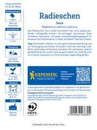 Samen Radieschen Sora, rote Knollen, grüne Blätter, Pflanzanleitung, QR-Code, Logo, Herstellerinfo, Barcode.