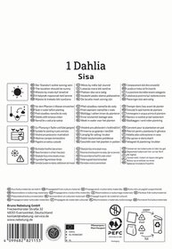 Text mit Pflanztipps, Pflegeanleitungen, Symbole für Wasser, Sonnenschein und Frostschutz in mehreren Sprachen.