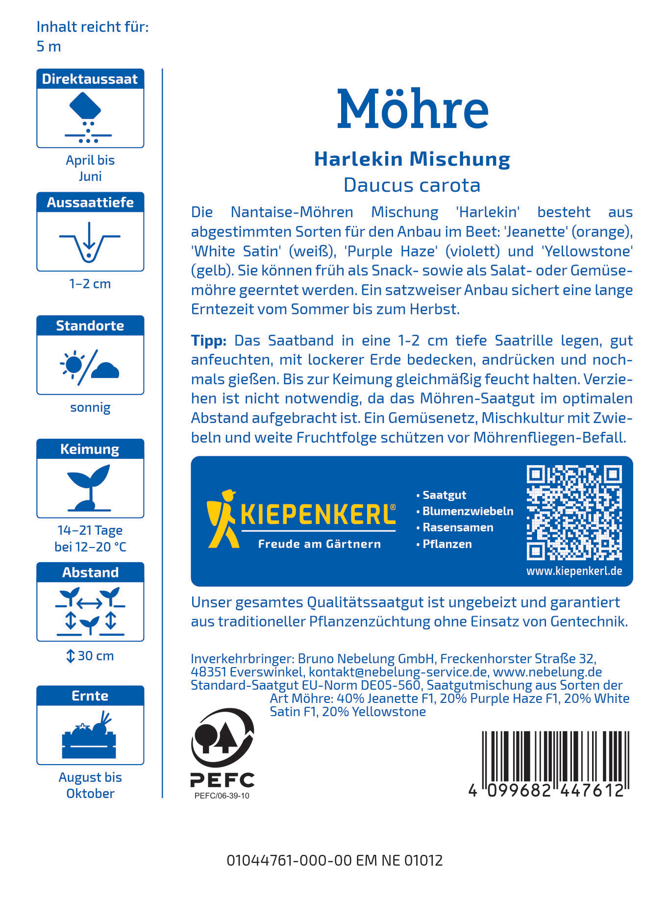 Blauer Abschnitt mit gelbem Logo, QR-Code, Bar-Code, Text und Icons, darunter Standort, Keimdauer, Erntezeit, Pflanzensorten.