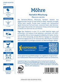 Blauer Abschnitt mit gelbem Logo, QR-Code, Bar-Code, Text und Icons, darunter Standort, Keimdauer, Erntezeit, Pflanzensorten.