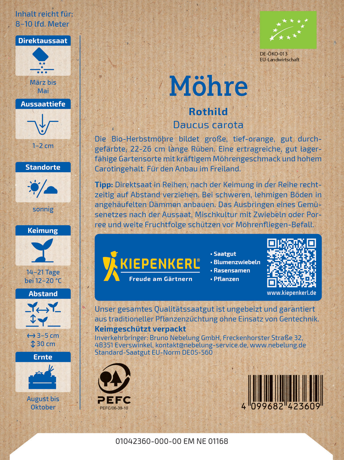 Boden mit braunem Kraftpapiermuster, Text in Blau, QR-Code, Pflanzensymbole, Logo, Barcode.