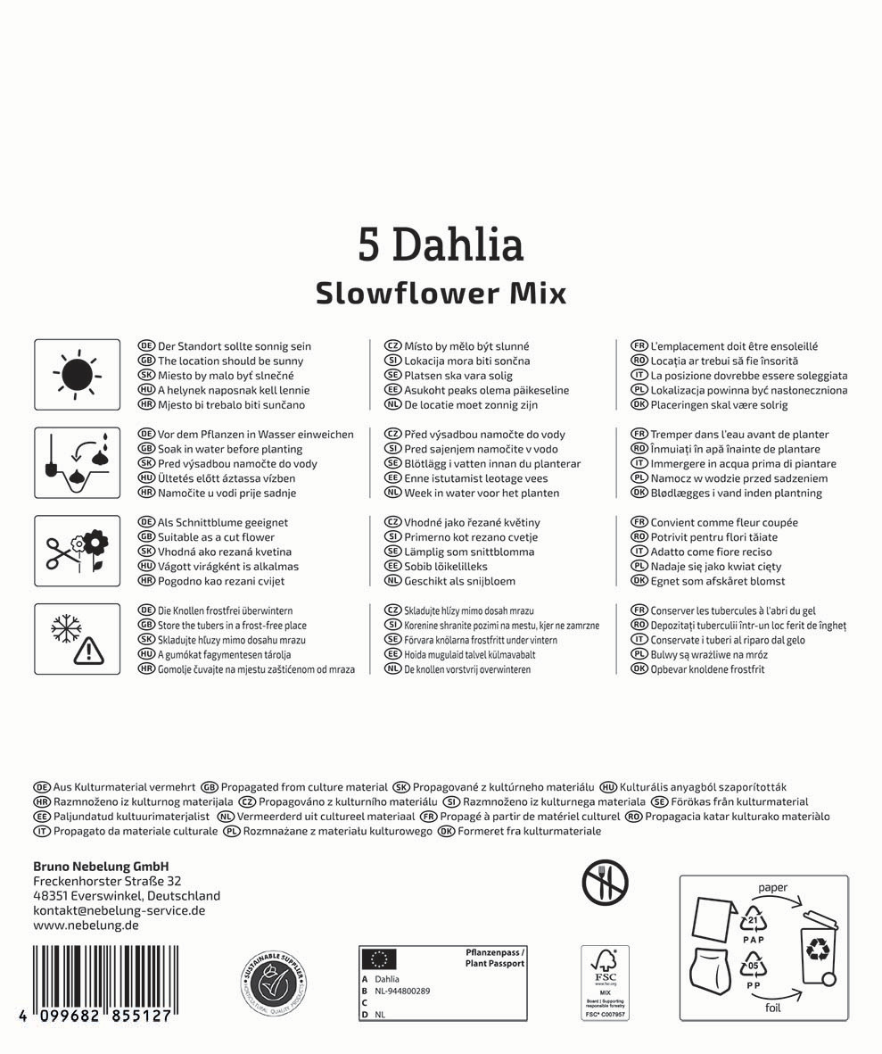 Anleitungstext für Pflanzanleitung in mehreren Sprachen mit Symbolen, Herstellerinformationen und Recyclinghinweisen.