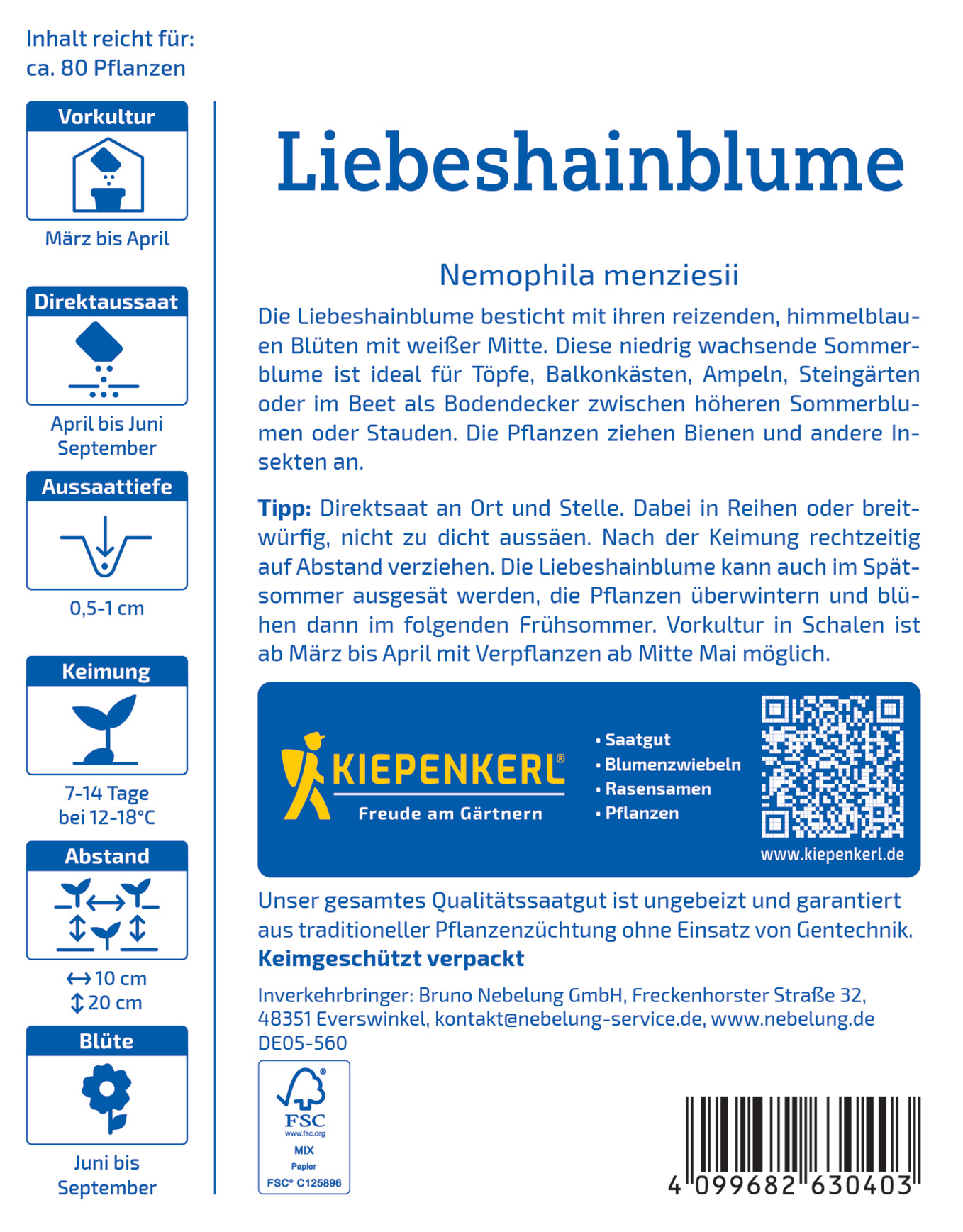 Liebesainblume mit blauen und weißen Blüten, wächst von März bis September, wächst in Reihen oder breit, 7-14 Tage Keimdauer.