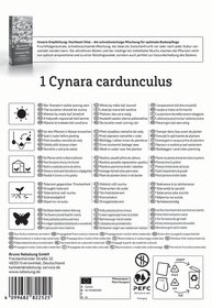 Pflanzensamenpackung mit Text auf der Vorderseite und Pflanzhinweisen in mehreren Sprachen sowie Symbole.