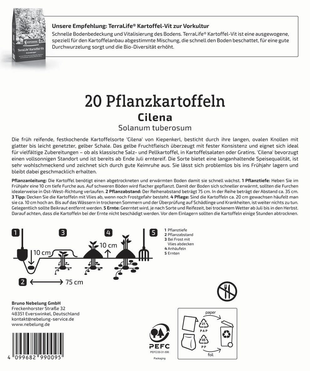 Anleitungstext mit Diagrammen und Piktogrammen für den Anbau von Pflanzkartoffeln.