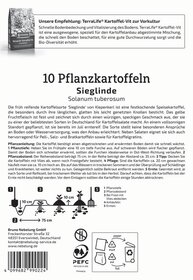 Paket mit zehn Pflanzkartoffeln Sieglinde Solanum tuberosum und Pflegehinweisen.