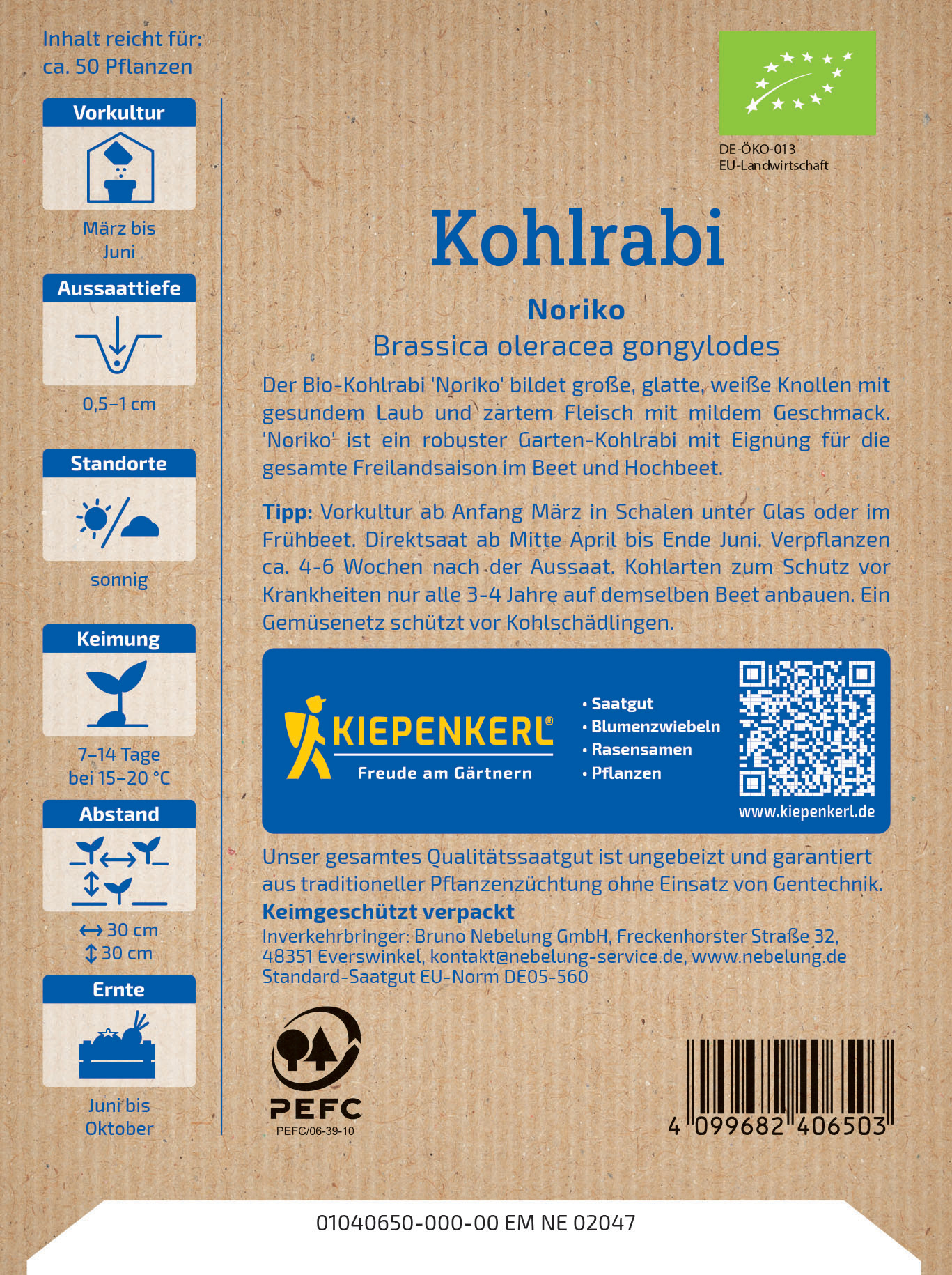 Pappaufsteller mit grüner EU-Organic-Label, blauer Kiepenkerl-Logo, QR-Code, Barcode und Text zum Kohlrabi Noriko.