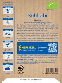 Pappaufsteller mit grüner EU-Organic-Label, blauer Kiepenkerl-Logo, QR-Code, Barcode und Text zum Kohlrabi Noriko.