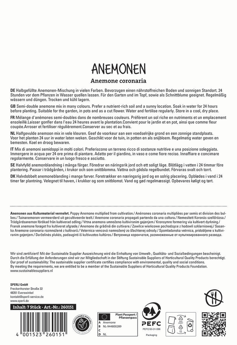 Text über Anemonen in mehreren Sprachen, Angaben zu Inhaltsstoffen, Zertifizierungen, Herstellerinformationen und Symbolen.