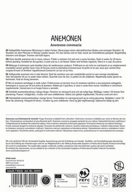 Text über Anemonen in mehreren Sprachen, Angaben zu Inhaltsstoffen, Zertifizierungen, Herstellerinformationen und Symbolen.