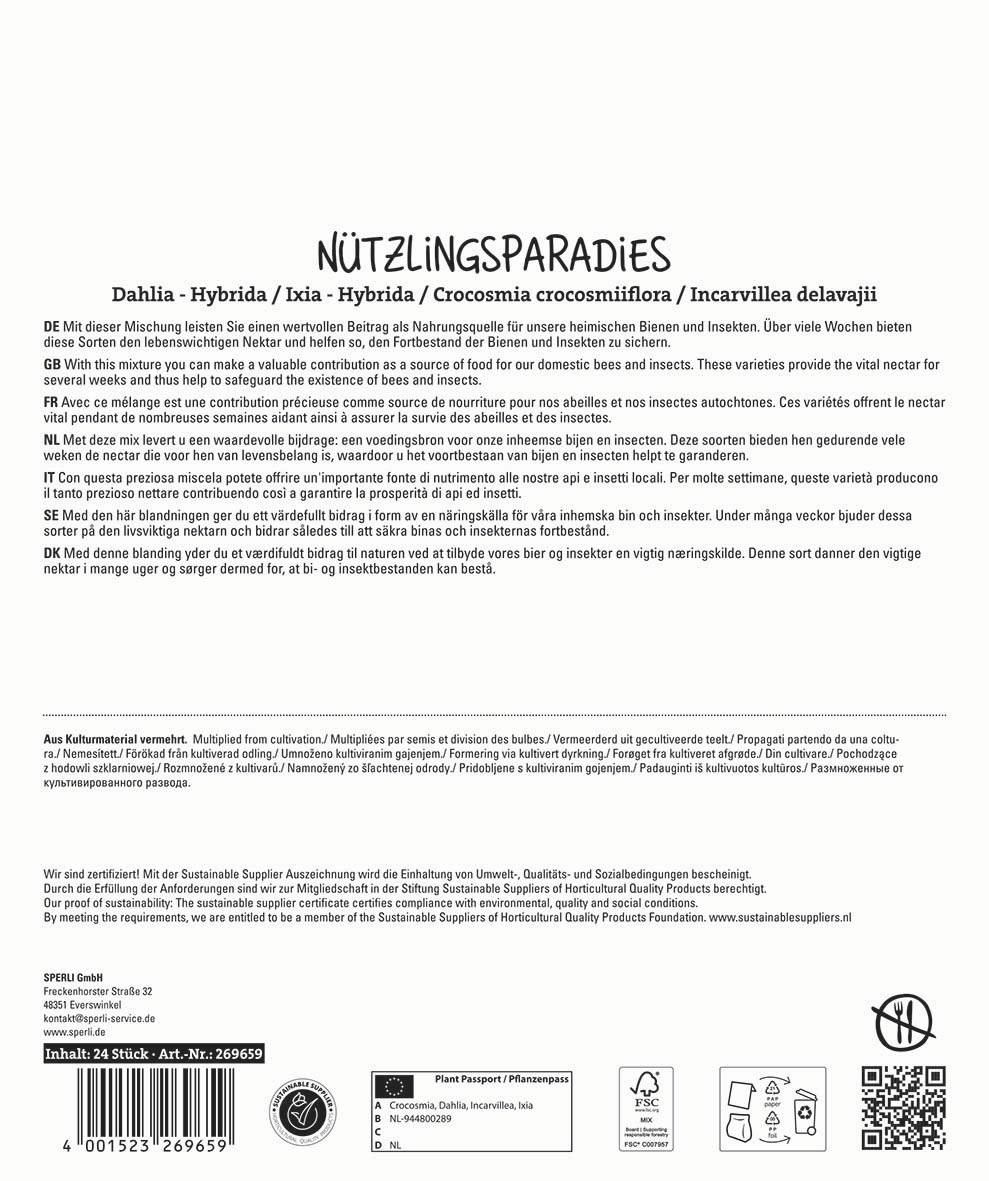 Beschreibung des Bildinhalts: Produktbeschreibung, Hinweise, Symbole, Barcode, QR-Code, Logo und Text in mehreren Sprachen.