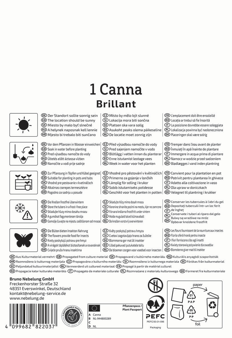 Anleitungssymbols für Pflanzenpflege, Propagation, FSC Recycling, europäische Zertifizierung, Produktinformationen.