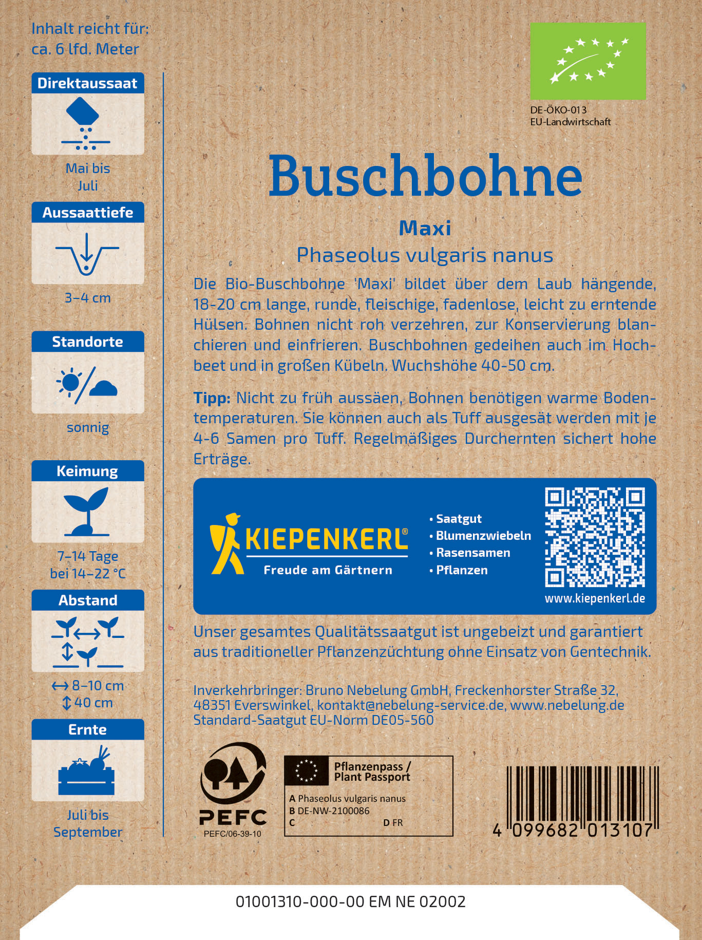 Biodünger-Etikett mit Text, QR-Code, Logos und Symbolen zu Aussaat, Pflanzabstand, Erntezeit und Standort.