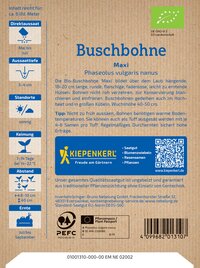 Biodünger-Etikett mit Text, QR-Code, Logos und Symbolen zu Aussaat, Pflanzabstand, Erntezeit und Standort.