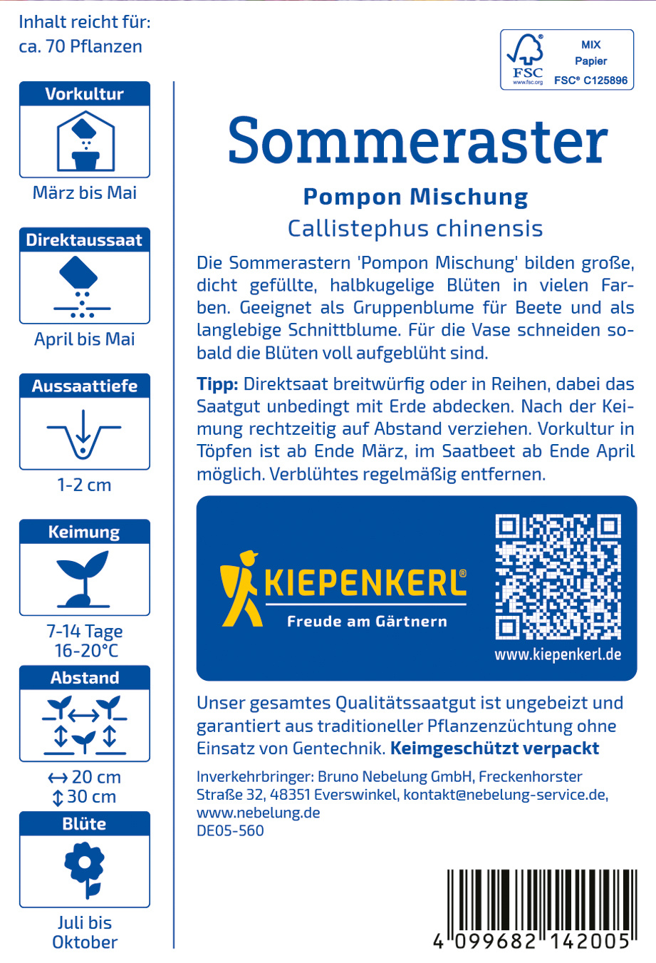 Umfülltüte mit Informationen zu Sommeraster Callistephus chinensis, Blüte Juli bis Oktober, Abstand 20-30 cm.