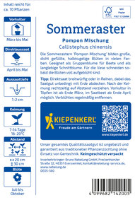 Umfülltüte mit Informationen zu Sommeraster Callistephus chinensis, Blüte Juli bis Oktober, Abstand 20-30 cm.