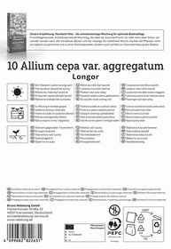 Anleitung für Allium cepa var. aggregatum Longor mit Pflanzhinweisen in mehreren Sprachen.