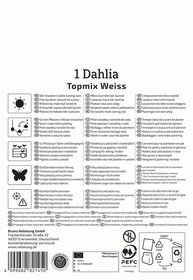 Dahlia Topmix Weiss Pflanzanleitung Symbole und Text auf Etikett, enthält Anweisungen, Wahrnehmung der Pflanze.